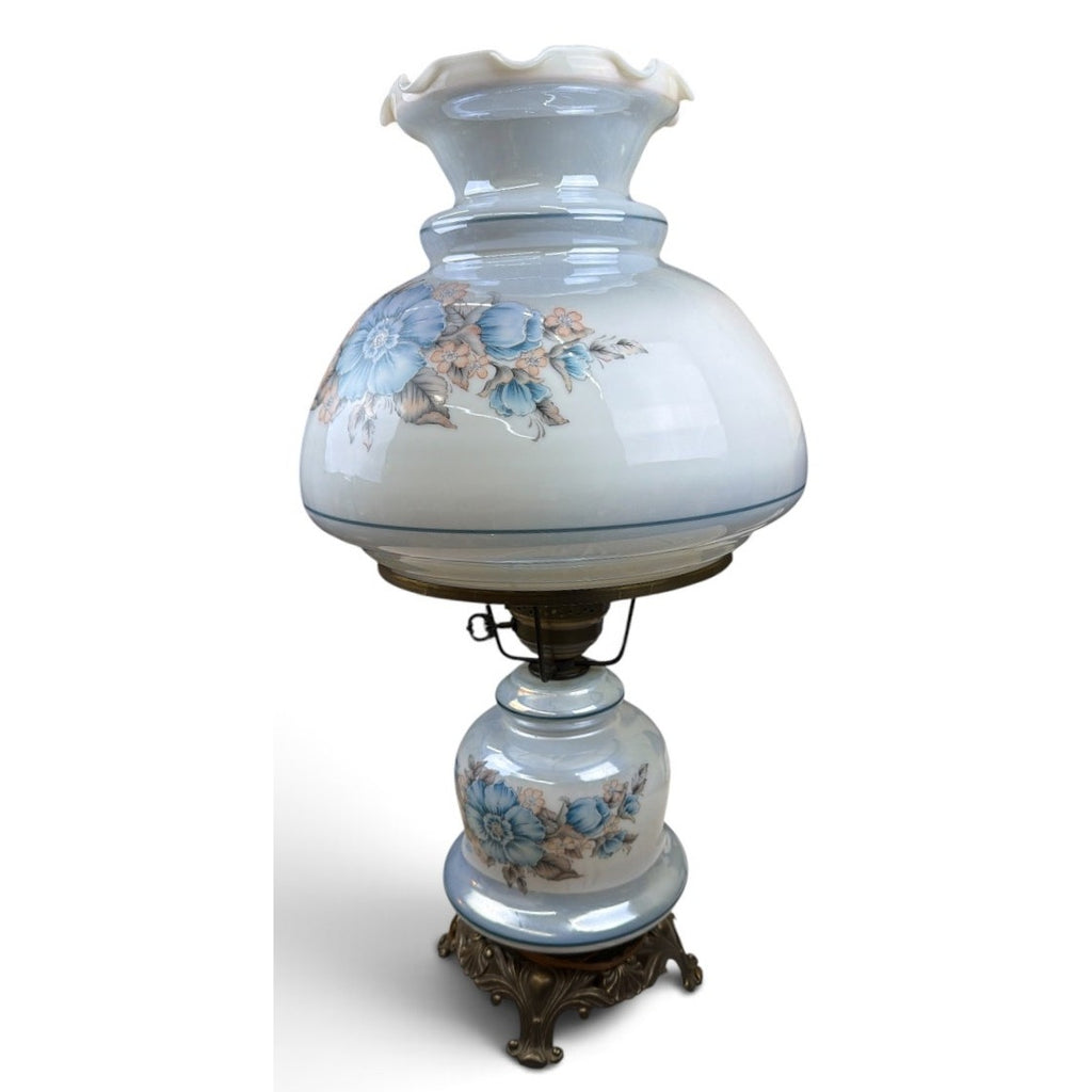 Vintage Blue Floral Hurricane Table Lamp Dual Light 27" Gone With the Wind Style