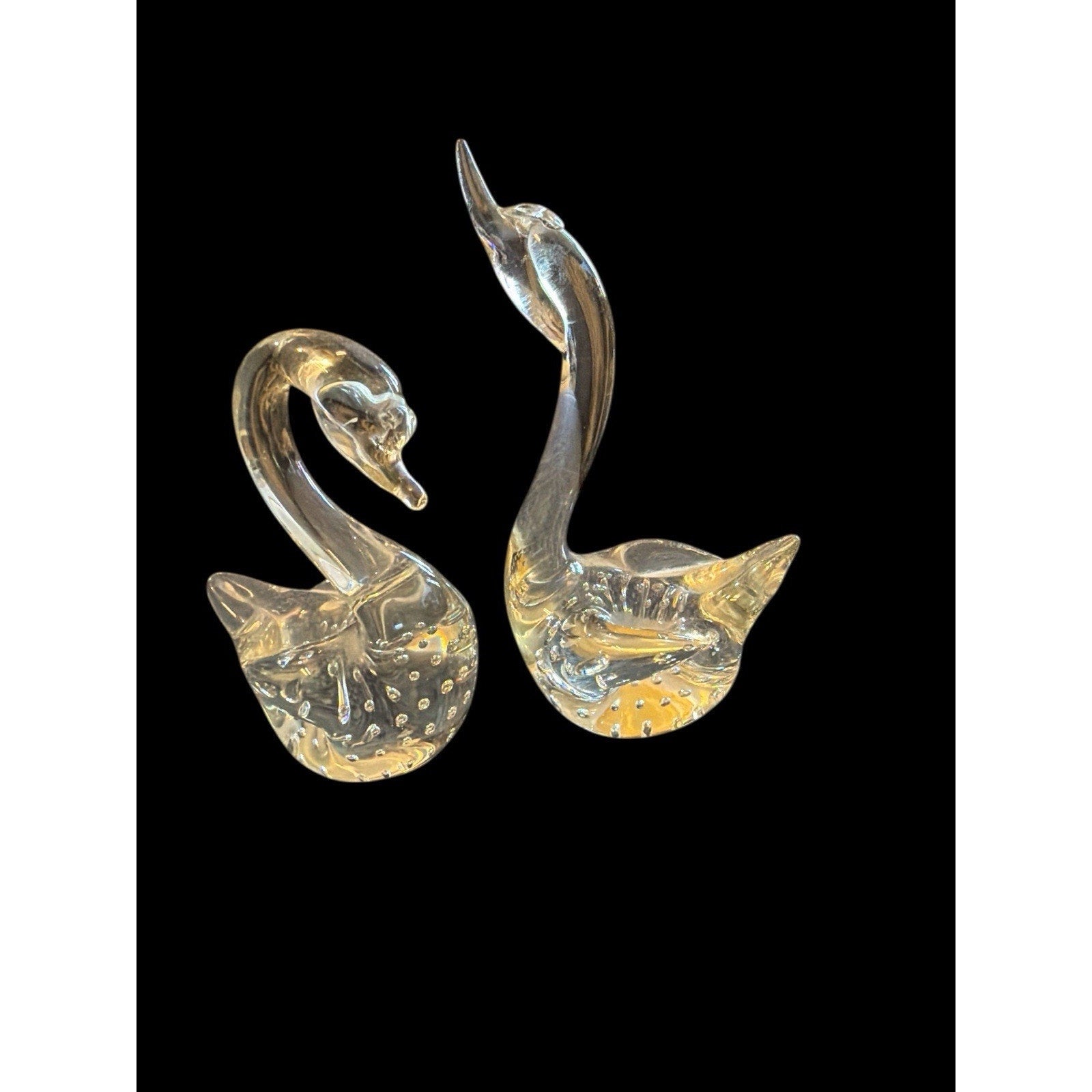 Vintage Hand Blown Art Glass Swan Figurines Pair Bullicante Clear Glass