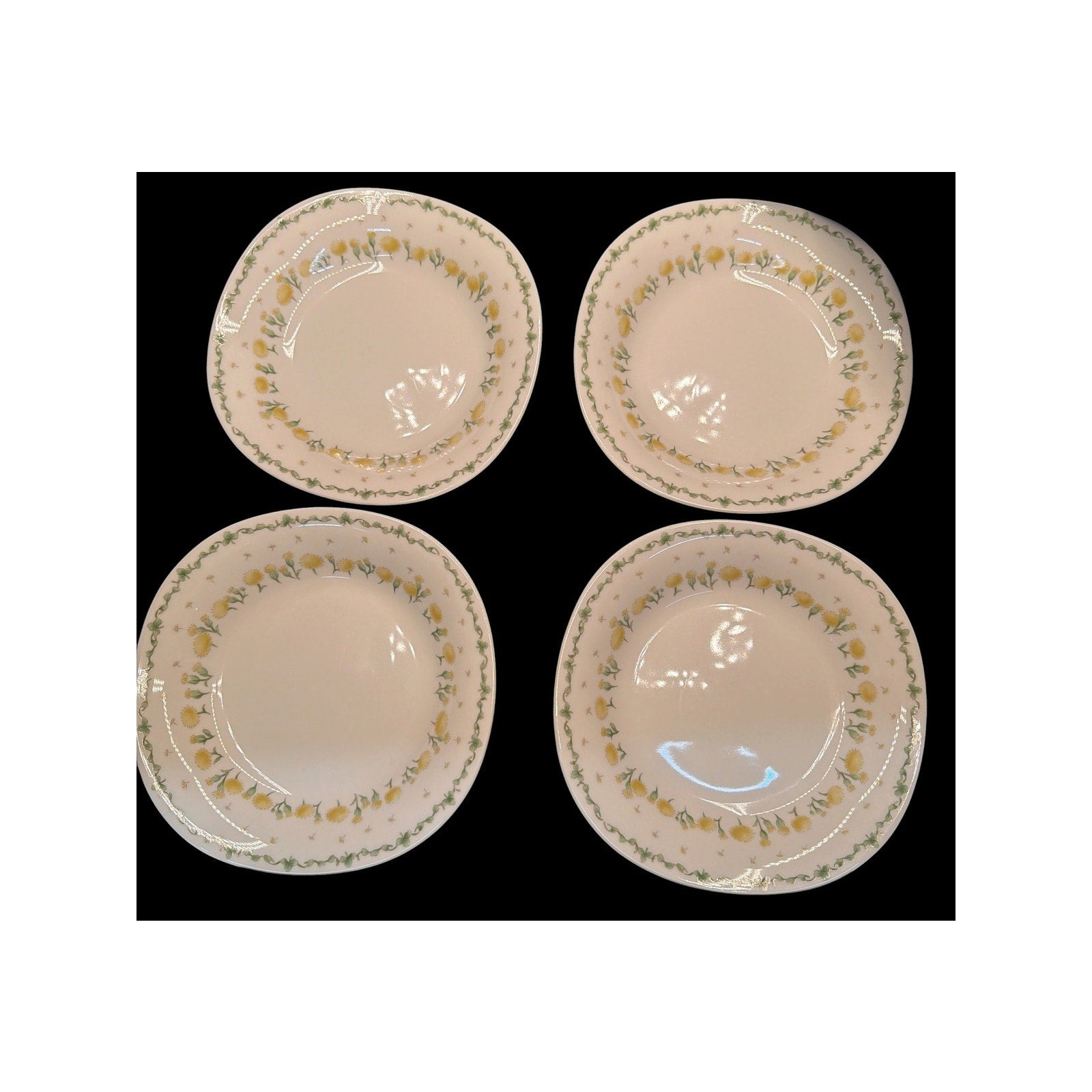 Vintage Hoya Porcelain Set of 4 Rim Soup Bowls Dandelion Clover Japan 9 Inch