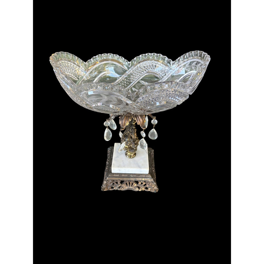 Antique Cut Crystal Centerpiece Bowl with Brass Marble Pedestal and Prisms