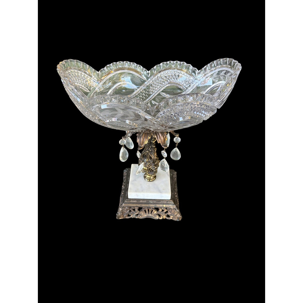 Antique Cut Crystal Centerpiece Bowl with Brass Marble Pedestal and Prisms