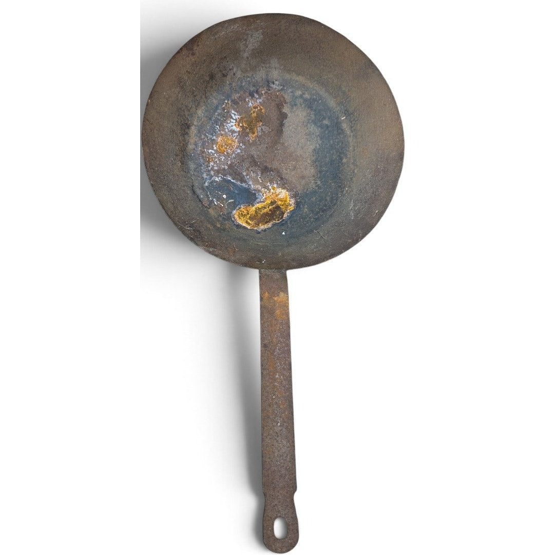 Antique Primitive Steel Skillet Large Riveted Long Handle Frying Pan c 1900