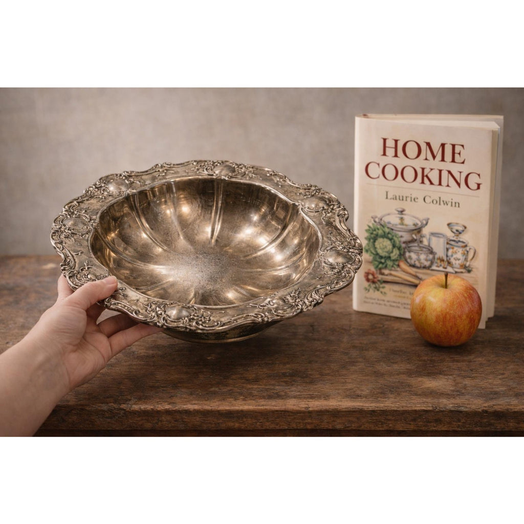 Antique Style Ornate Silver Bowl Rococo Floral Centerpiece Vintage Silver Deco