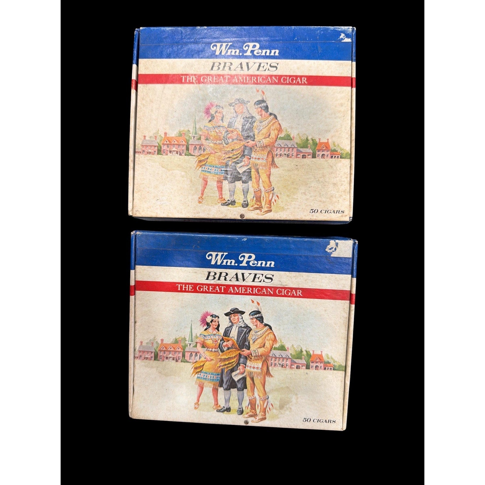 Pair of Vintage Wm Penn Braves Cigar Box Americana Decor Colonial Graphic