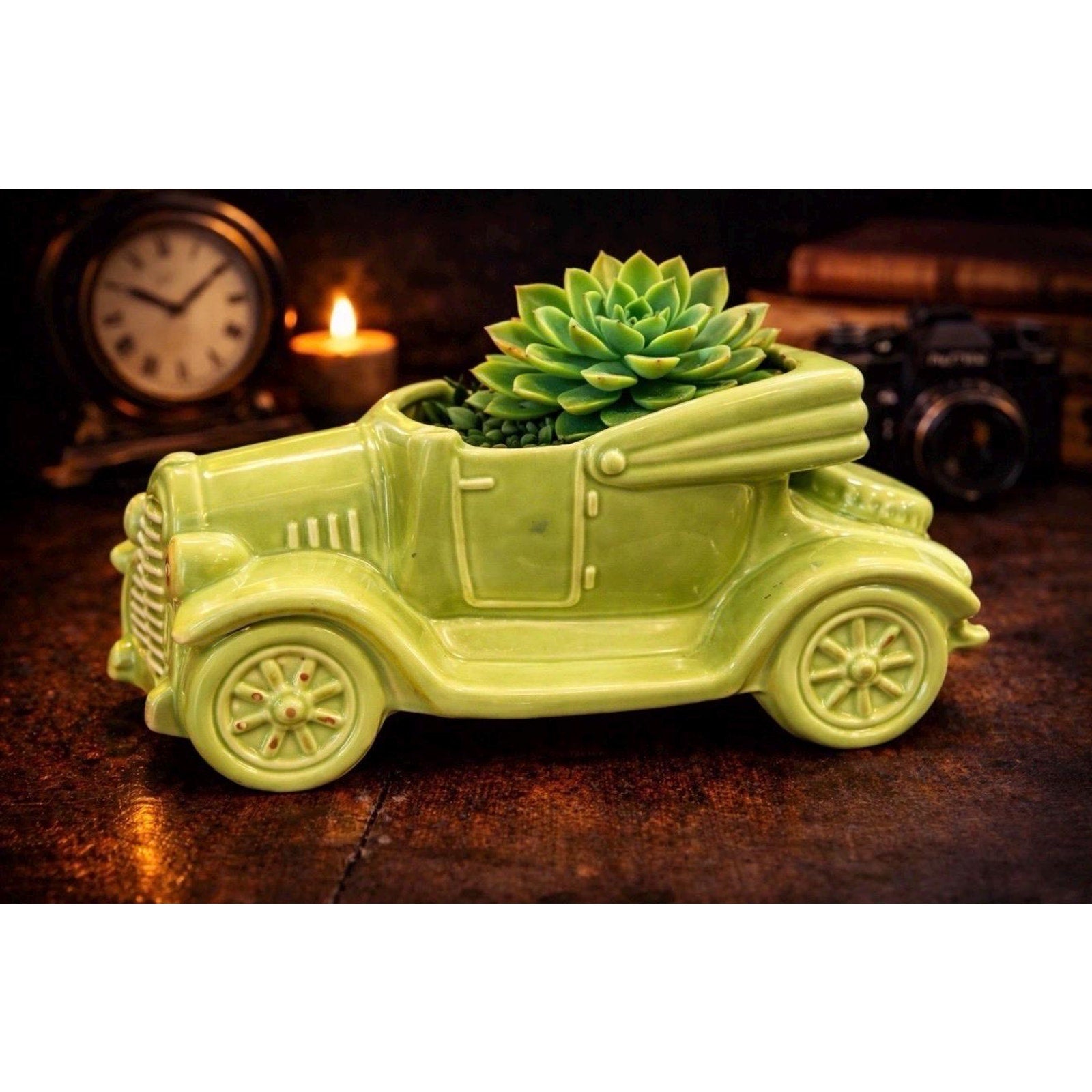Lime Green Ceramic Convertible Car Planter – Mid Century Retro Automobile Pottery