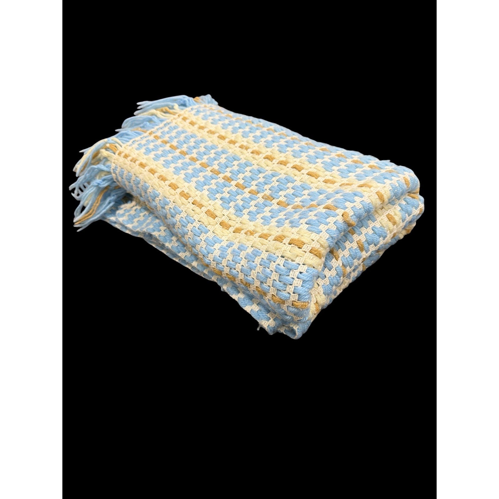 Vintage Hand Woven Afghan Throw Blanket – Baby Blue, Cream & Taupe – Fringe Blanket – Cottagecore Nursery Décor – 66” x 42”
