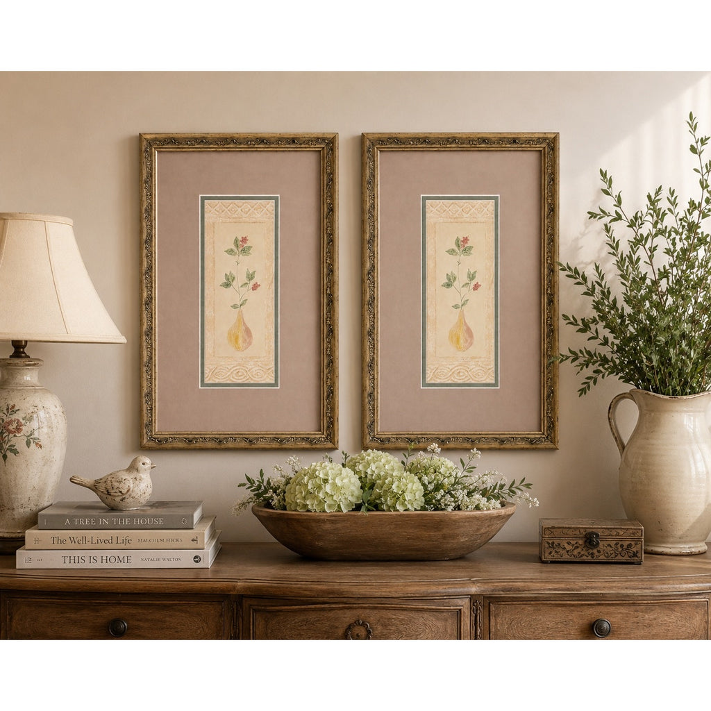 Vintage Botanical Wall Art Prints Pair Framed Floral Double Matted Pair