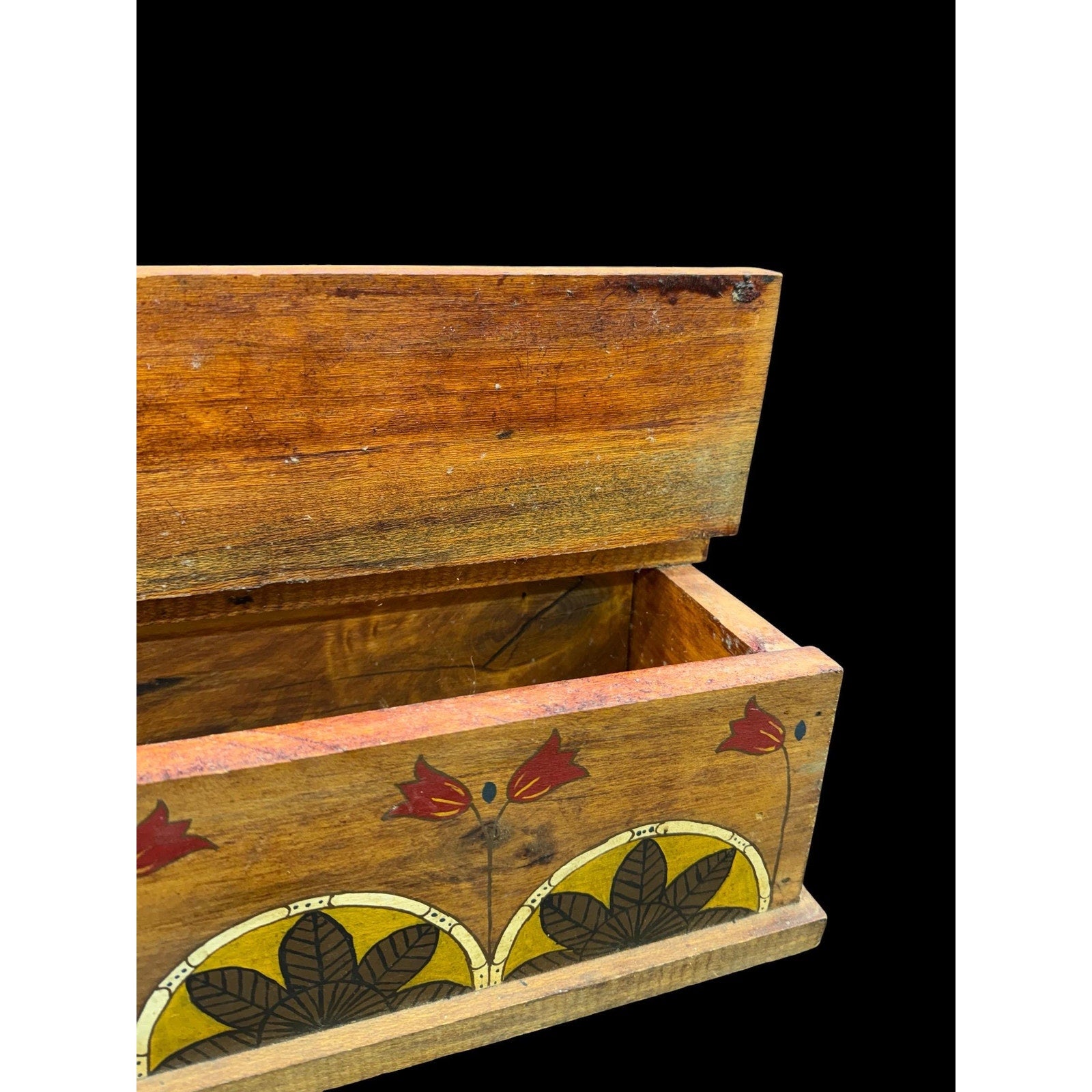 Primitive Folk Art Wooden Box • Hand-Painted Pennsylvania Dutch Tulip Design