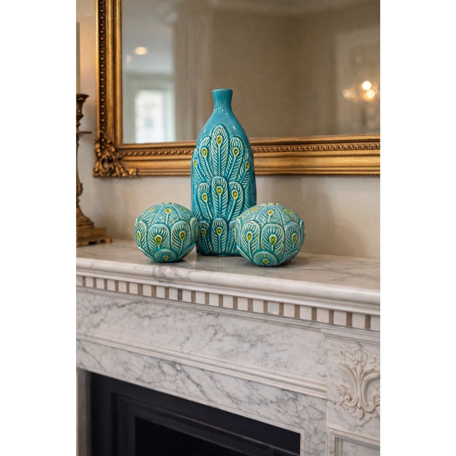 Vintage Turquoise Crackle Glaze Peacock Ceramic Vase & Orb Decor Set of 3
