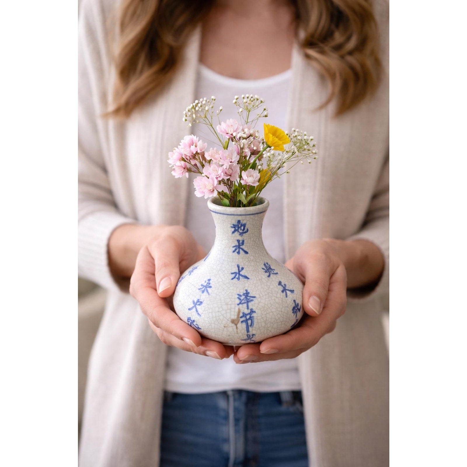 Blue White Chinoiserie Bud Vase Crackle Glaze Small Vintage Style Decor