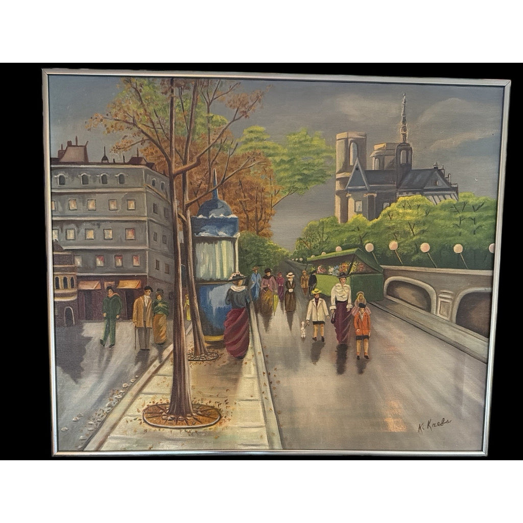 Mid-Century Paris Street Scene Notre Dame Oil Painting Signed Canvas