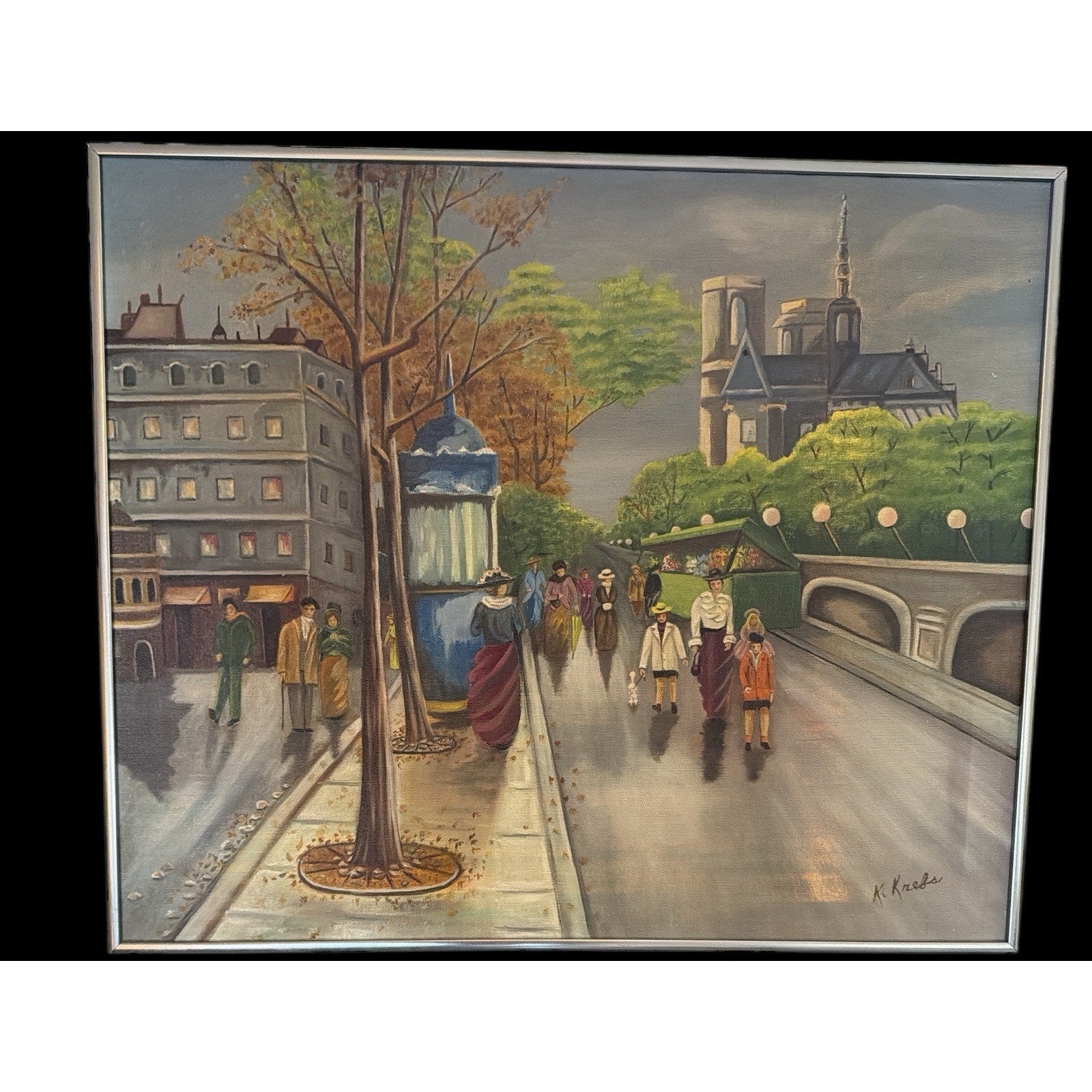 Mid-Century Paris Street Scene Notre Dame Oil Painting Signed Canvas