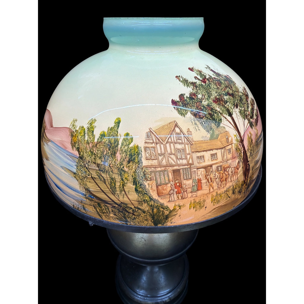 Antique Hand Painted Opal Glass Lamp Brass Electric Oil Lamp 21"