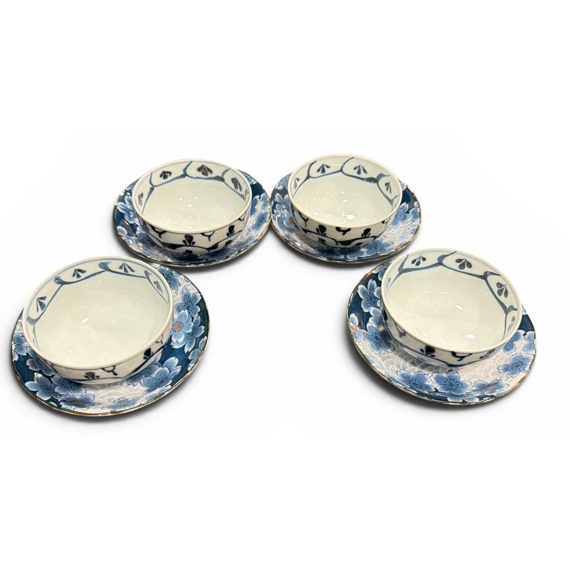 Vintage Japanese Tea Bowl and Saucer Set, Blue Cherry Blossom Porcelain Tea Cups, Set of 4, Asian Tea Service, Floral Porcelain Teaware
