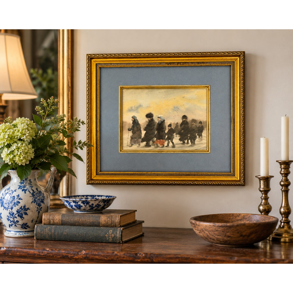Original Watercolor Painting Russian Winter Procession Gilt Framed Folk Art – main view