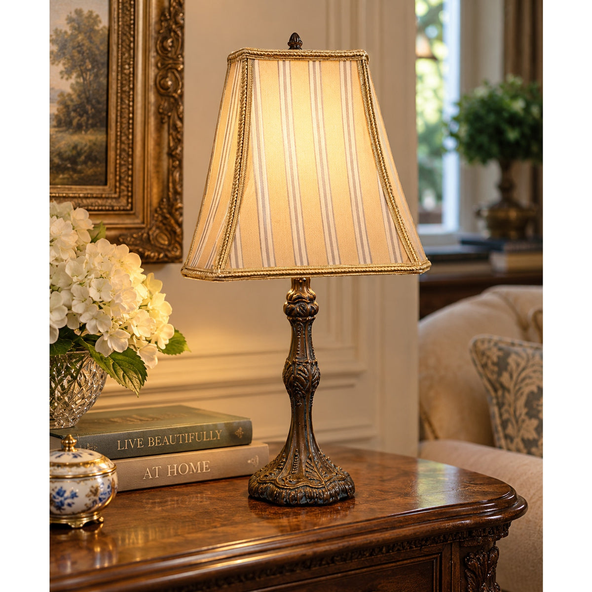 Vintage Ornate Table Lamp Custom Triangular Shade Art Nouveau Style 19"