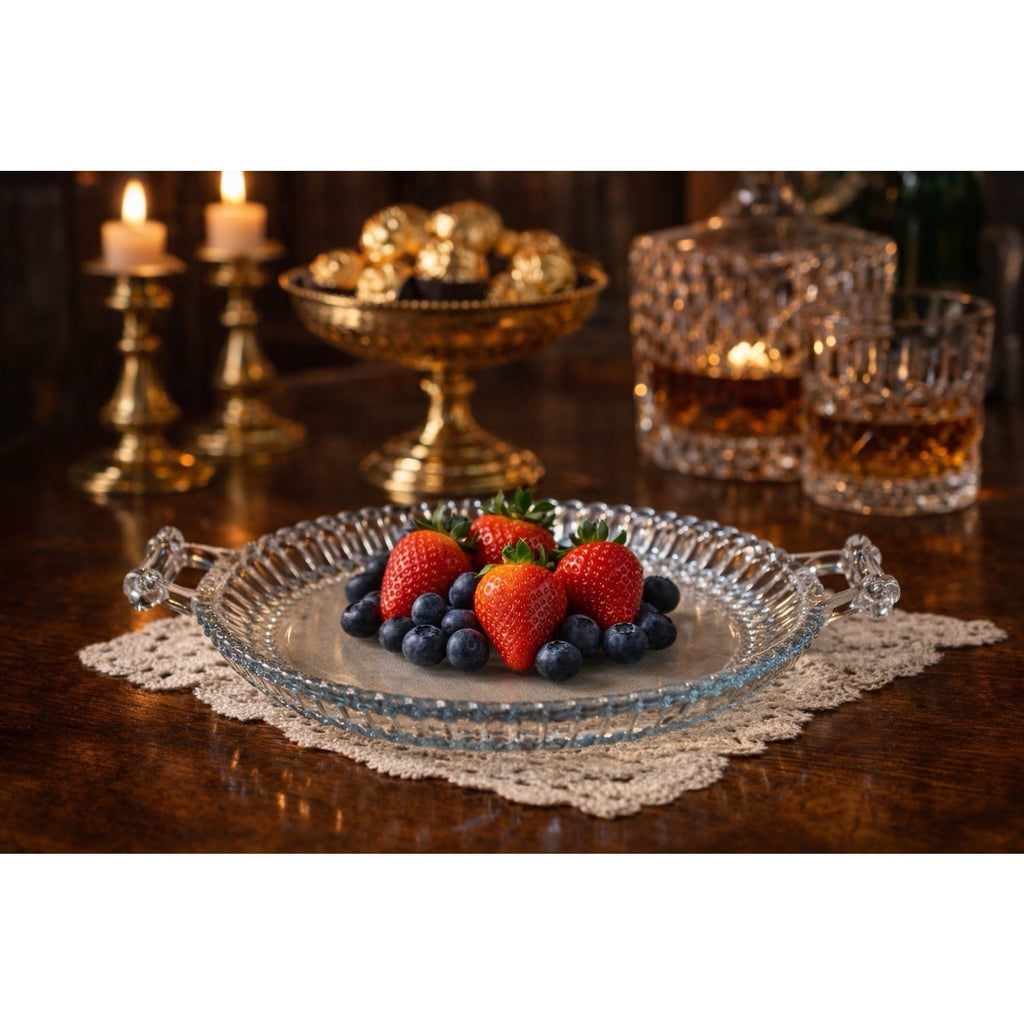 Vintage Clear Pressed Glass Serving Platter 10” Double Handle Elegant Tray