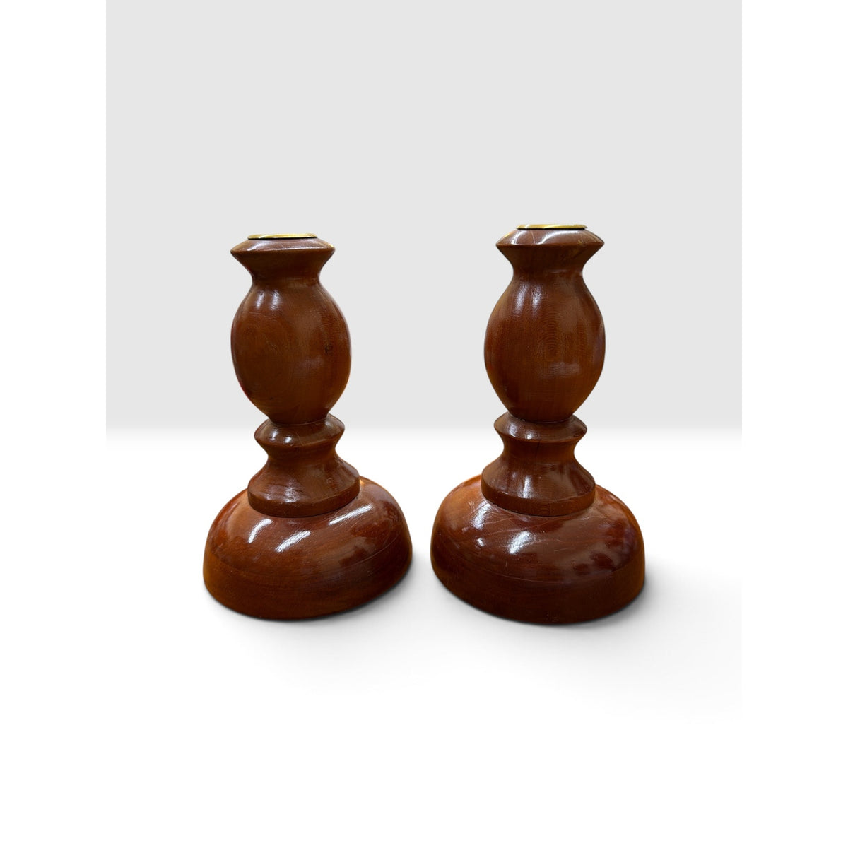 Vintage Paul R Winter Cherry Wood Candlesticks Solid Brass Cups Handmade Pair – main view