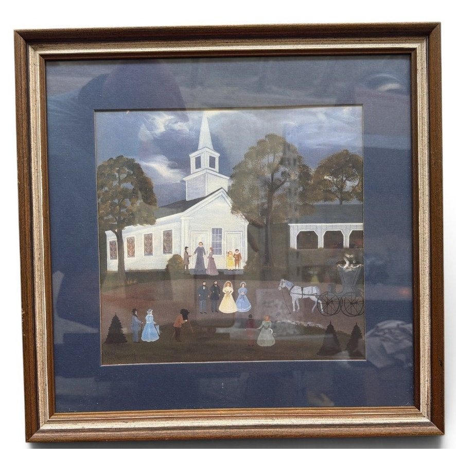 Jean Colquhoun Folk Art Wedding Church Horse Carriage Framed Americana