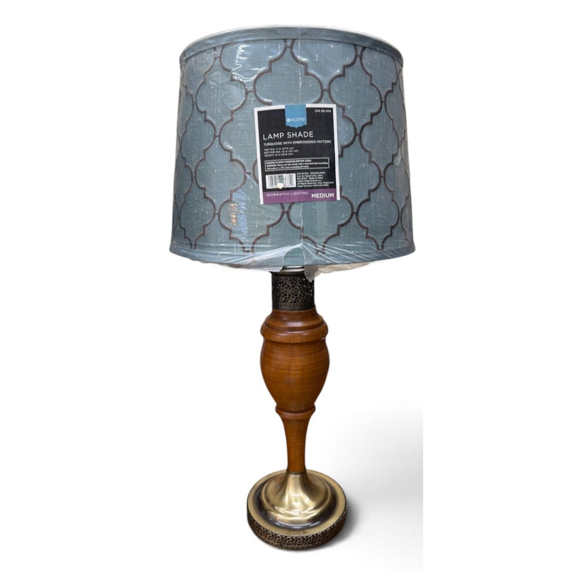 Vintage Turned Wood Table Lamps Brass Filigree Aqua Shades Pair