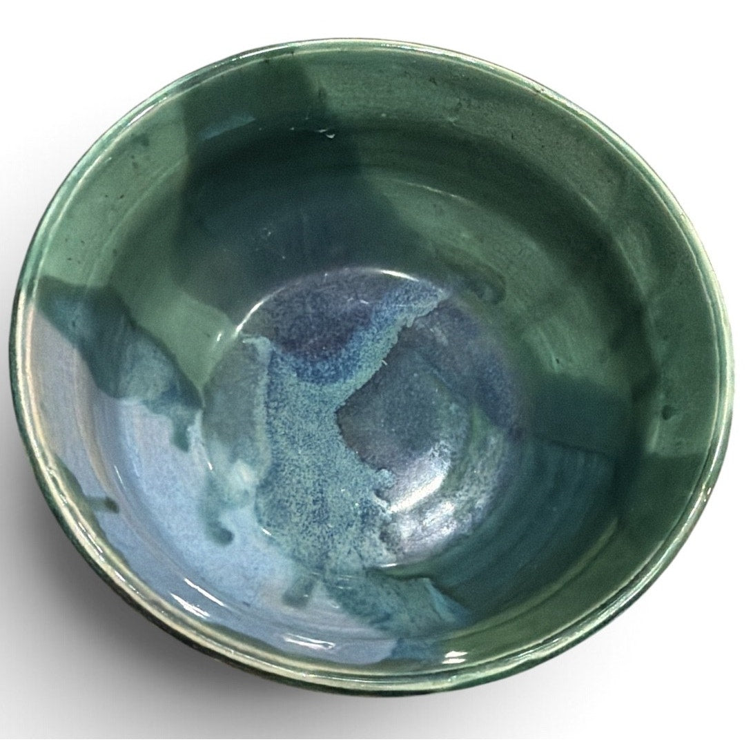 Vintage Studio Pottery Bowl Signed SM Green Blue Glaze Hand Thrown 8.25"