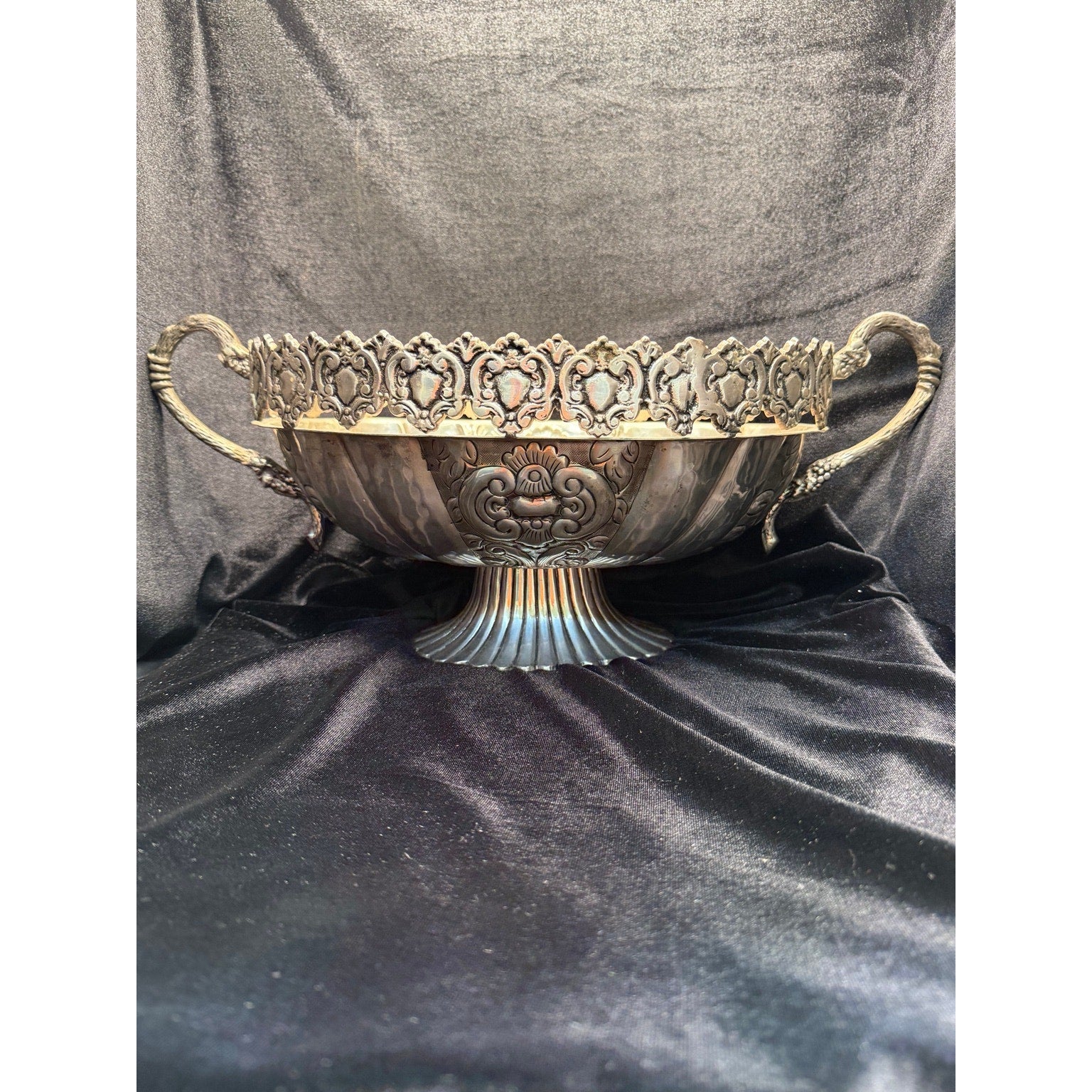 Large Victorian Revival Silver Tone Centerpiece Bowl Grapevine Handles