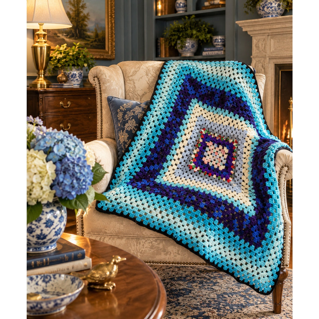 Vintage blue butterfly granny square crochet lap afghan, 40 x 40 inches