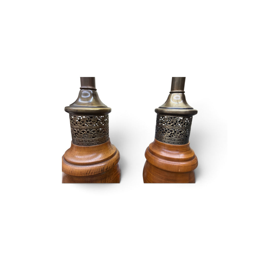 Vintage Turned Wood Table Lamps Brass Filigree Aqua Shades Pair