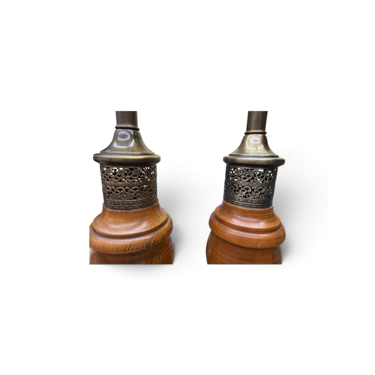 Vintage Turned Wood Table Lamps Brass Filigree Aqua Shades Pair