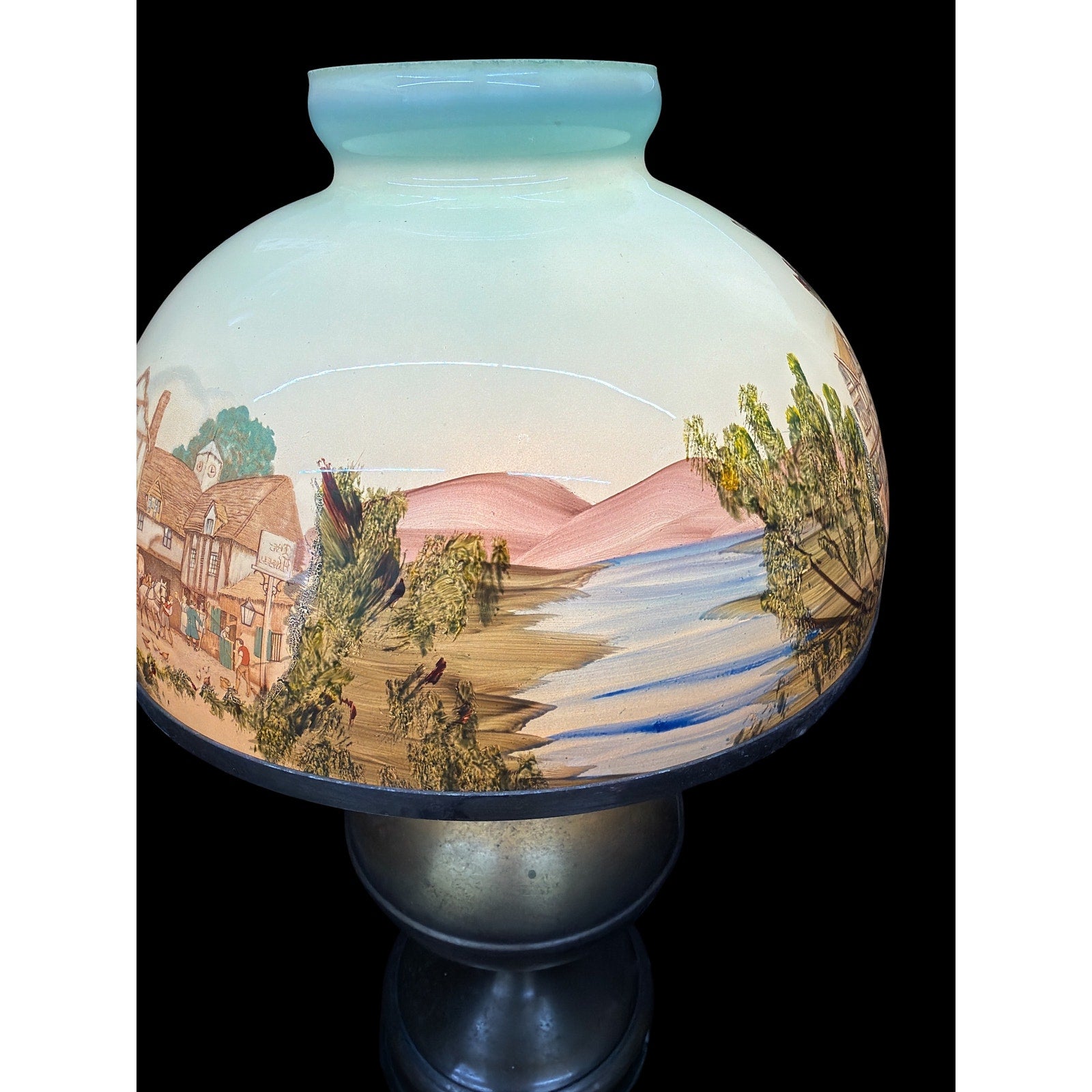 Antique Hand Painted Opal Glass Lamp Brass Electric Oil Lamp 21"