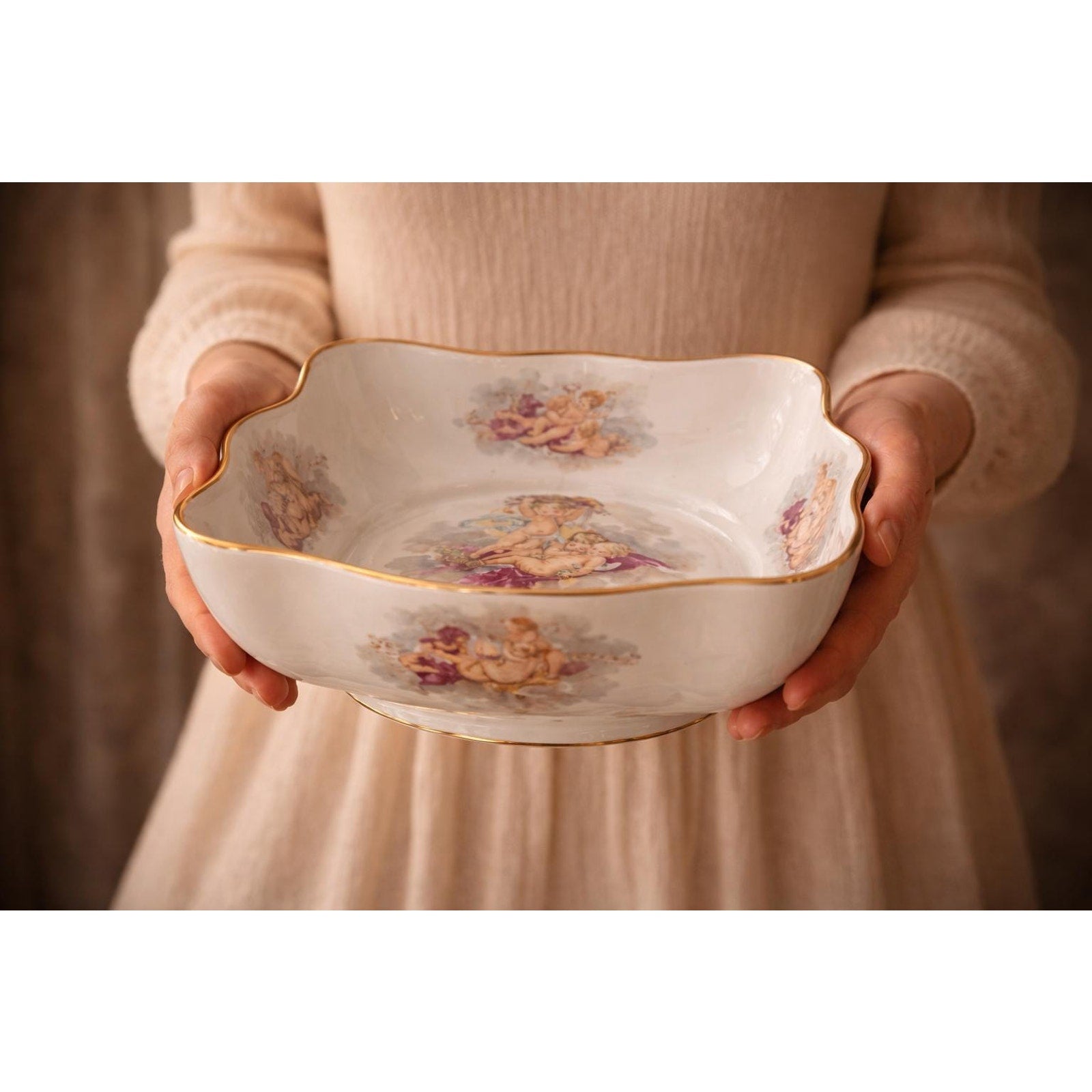 Vintage Limoges Cherub Bowl Gold Rim French Porcelain Putti Dish Romantic Decor 8”