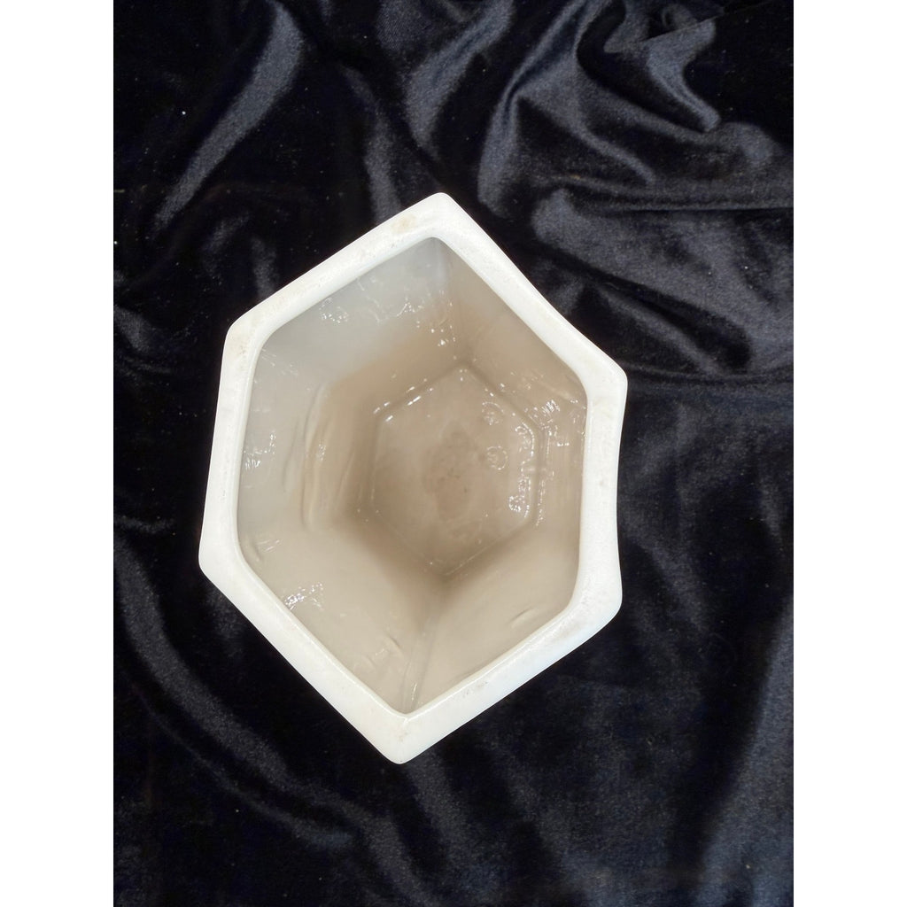 Vintage Matte Bisque Porcelain Butterfly & Cherry Blossom Hexagon Vase 7"