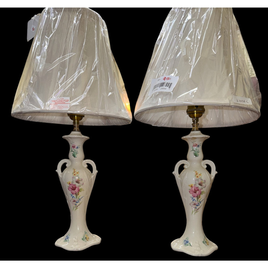 Vintage Floral Ceramic Boudoir Lamps Pair Rewired with New Silk Shades