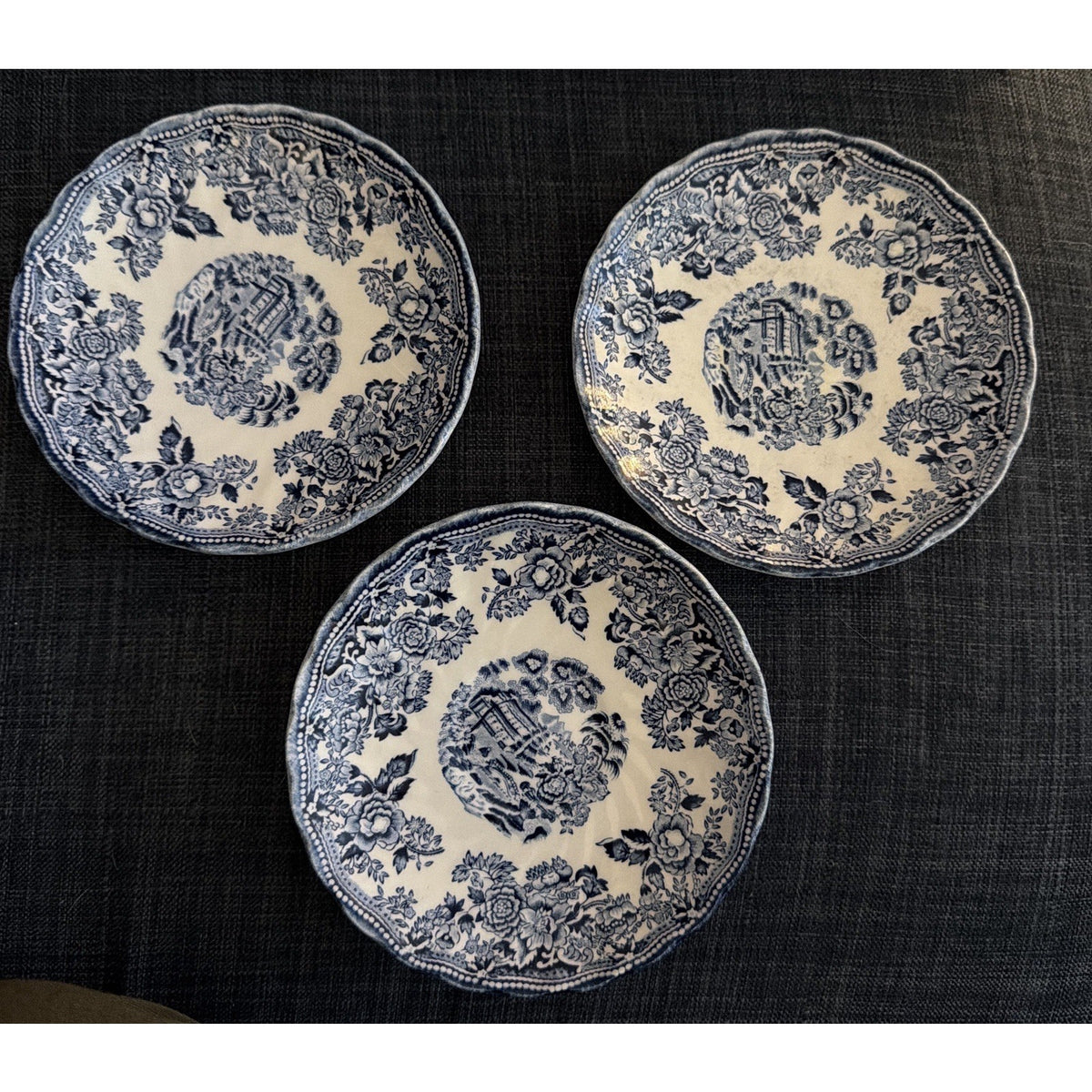Set of 3 Churchill England Blue White Transferware Cup Saucer Scalloped Floral