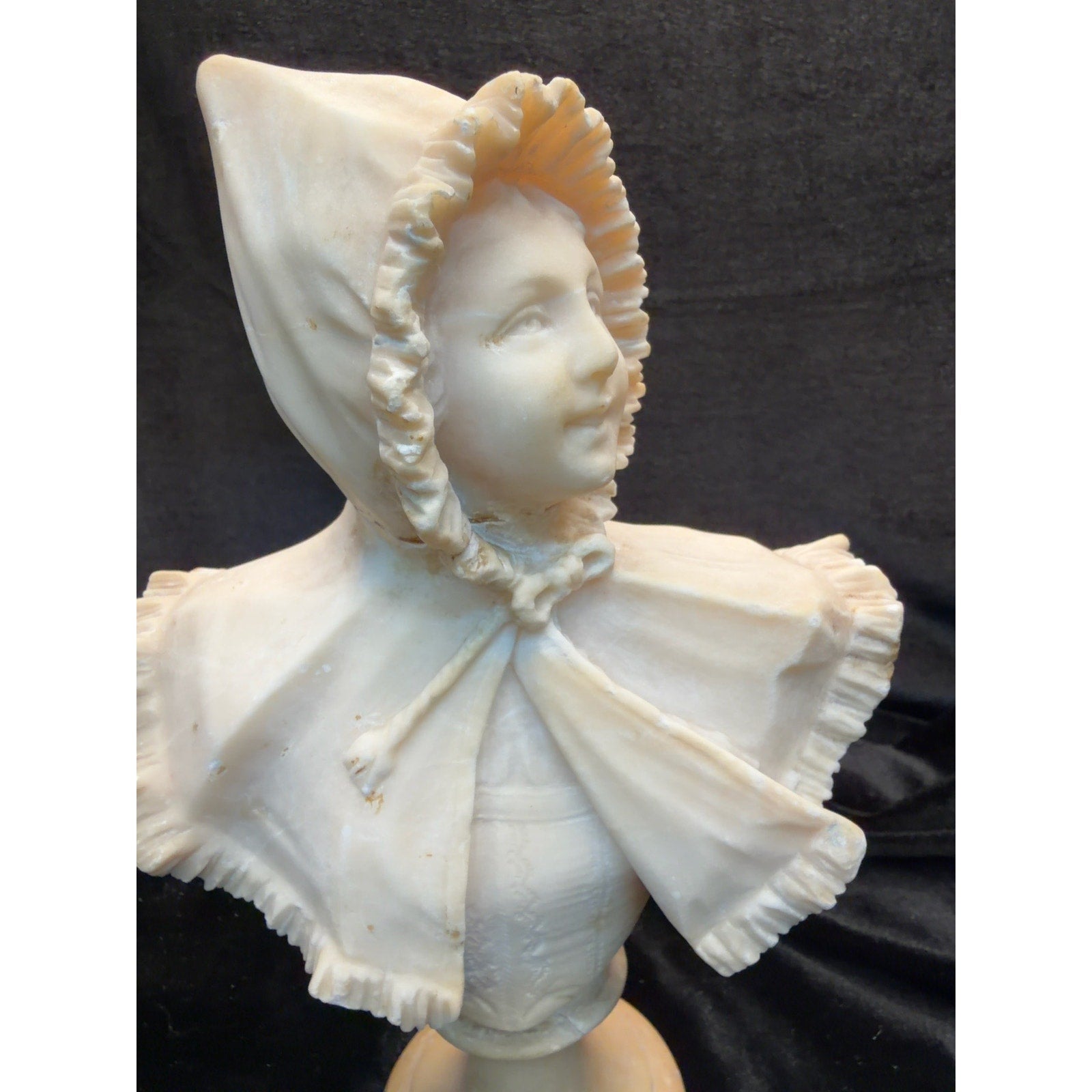 Antique Italian Hand Carved Alabaster Girl Bust Victorian Bonnet Sculpture
