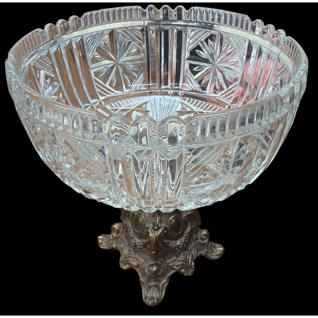 Vintage Cornell Pressed Glass Pedestal Compote Ornate Gold Metal 9 Inch – additional view 3