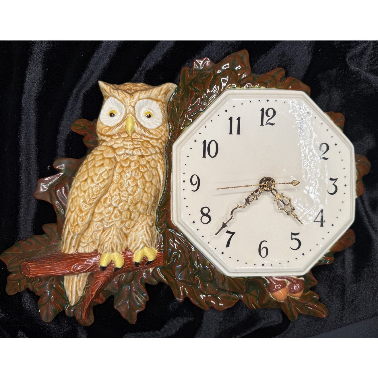 Vintage 1979 Cramer Ceramic Owl Wall Clock Woodland Kitchen Decor
