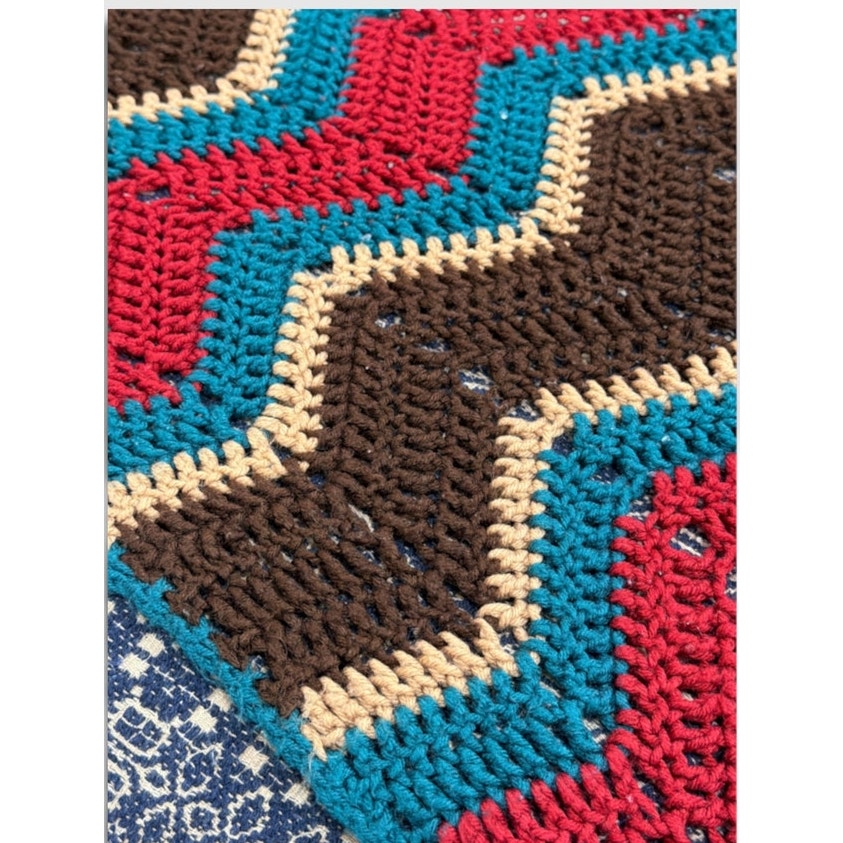 Handmade Crochet Vibrant Autumn Afghan Blanket Brown Teal Red Oversized 78 x 60 – additional view 7
