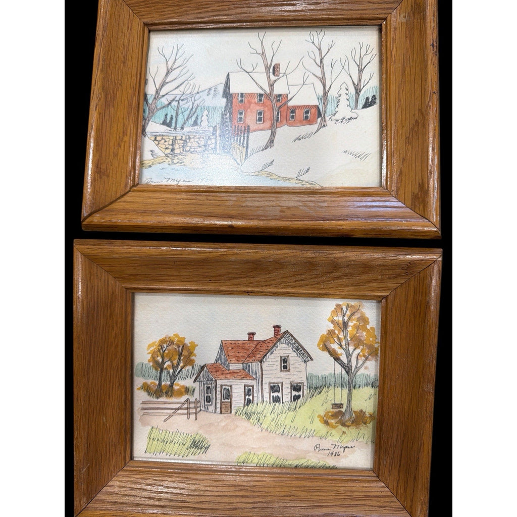 Original Watercolor Farmhouse Paintings Signed Ann Myers Pair Framed Folk Art