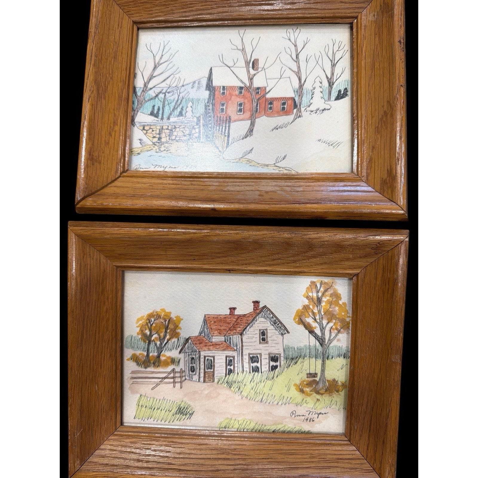 Original Watercolor Farmhouse Paintings Signed Ann Myers Pair Framed Folk Art