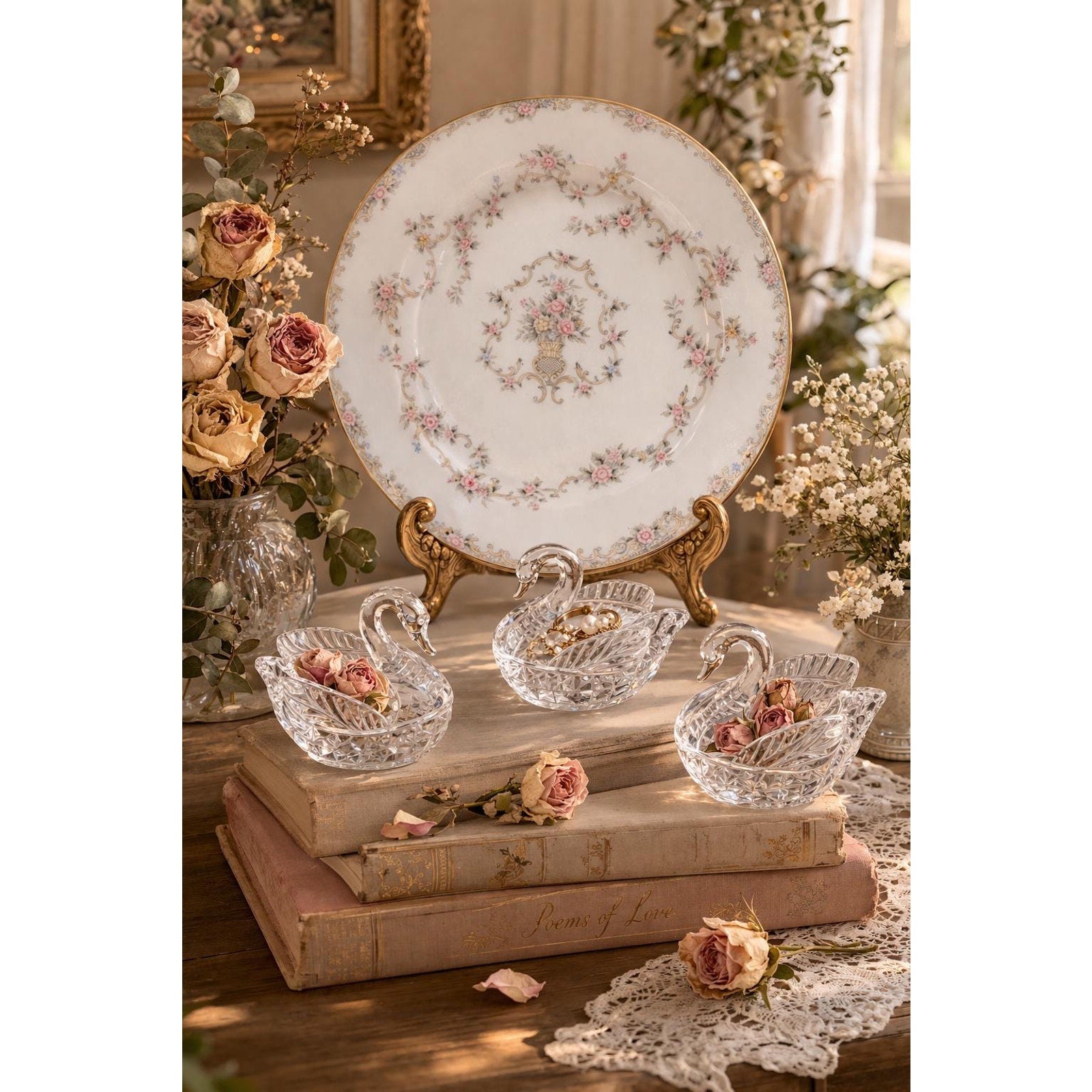 Vintage Swan Crystal Dish Set Noritake Plate Romantic Vanity Decor