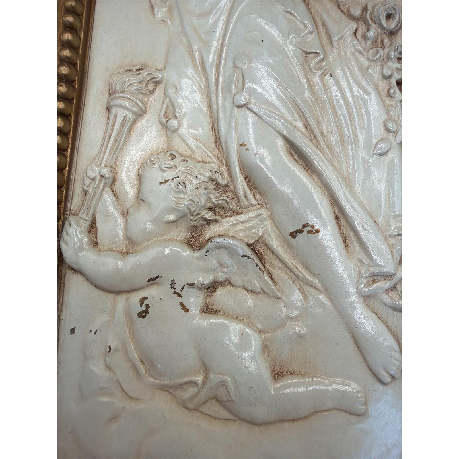 Vintage Homco Angel Cherub Wall Plaques Pair Gold Ivory Hollywood Regency Neoclassical Art