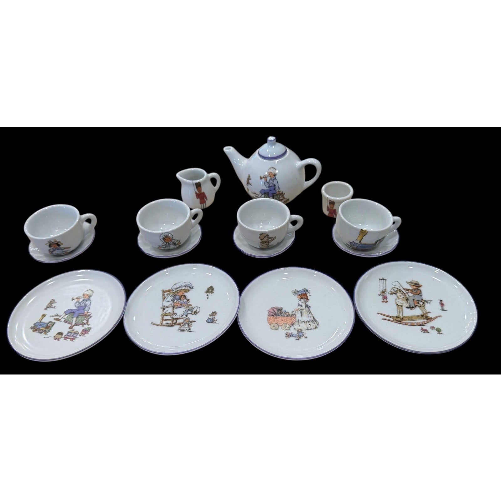 Vintage Children's Porcelain Tea Set with Storybook Illustrations – Nursery Decor Toy