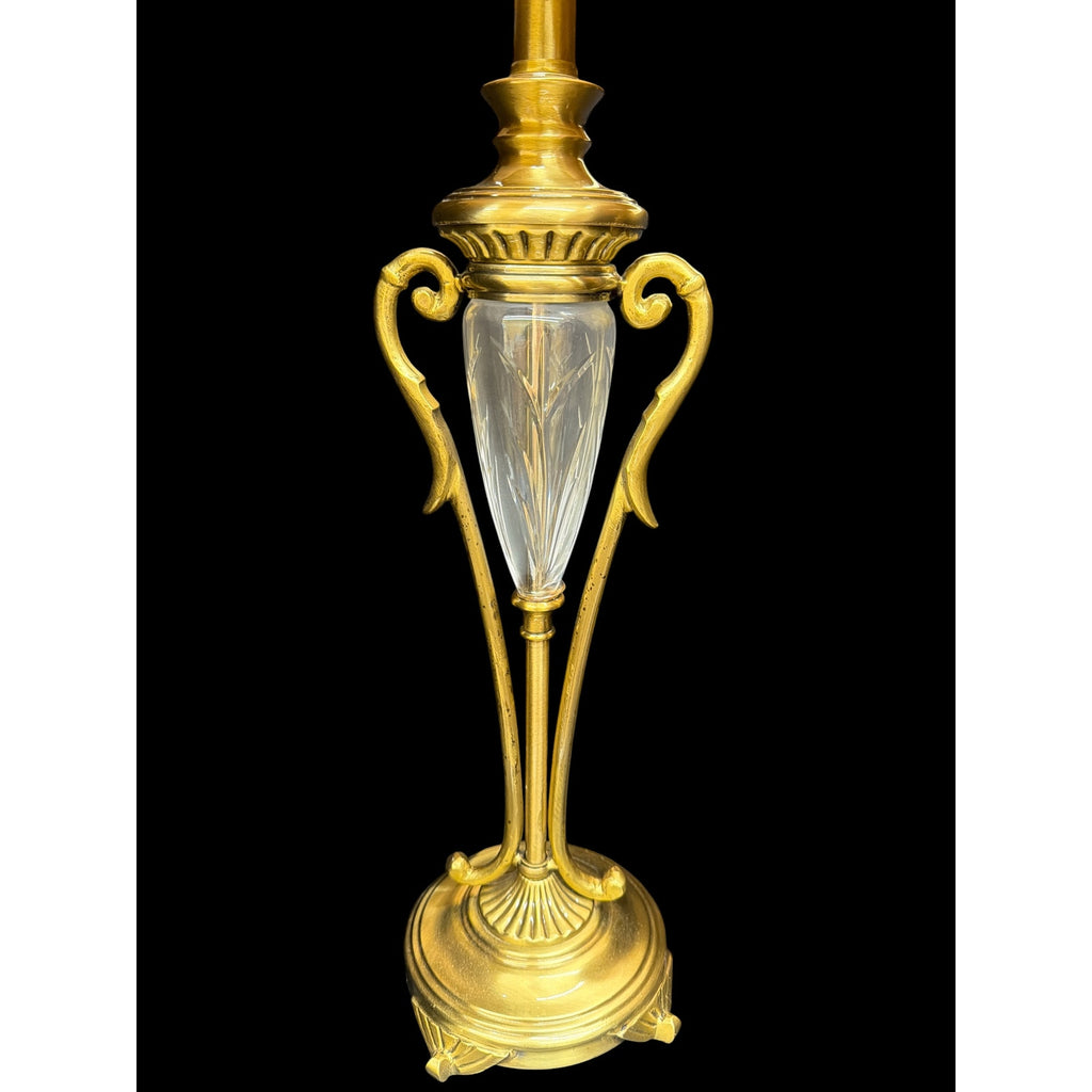 Pair Neoclassical Gold Tone Cut Glass Table Lamps with Bow Shades