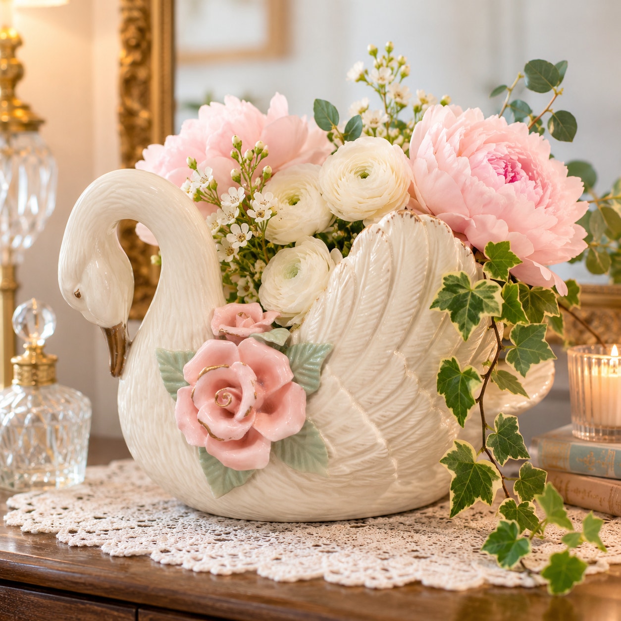 Vintage Porcelain Swan Planter with Pink Roses | Cottagecore French Country