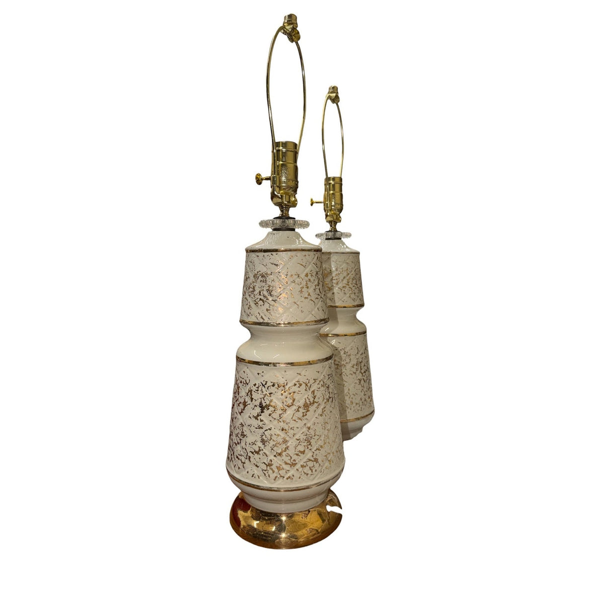Vintage White and Gold Ceramic Table Lamps Pair Professionally Rewired