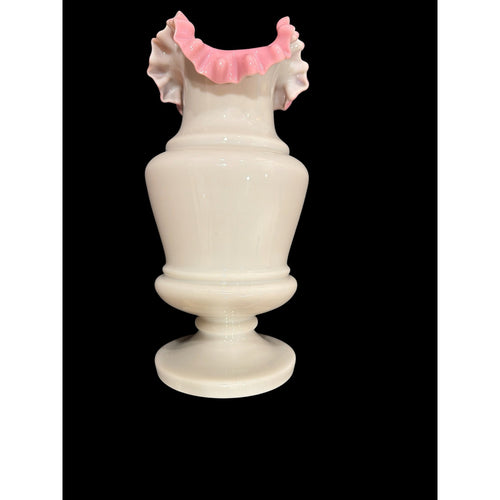 Antique Victorian Opaline Bristol Glass Vase, Hand Blown White & Pink Ruffled Art Glass, 10” Pedestal Vase, Elegant Victorian Home Decor