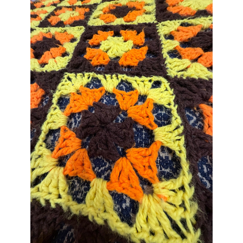 Vintage 1970s Granny Square Afghan Orange Brown Yellow Crochet 72 x 52