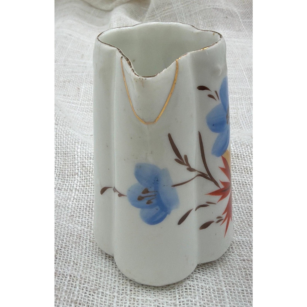 Vintage Mini Porcelain Creamer Bud Vase Blue Floral Gold Trim Tiny Vase
