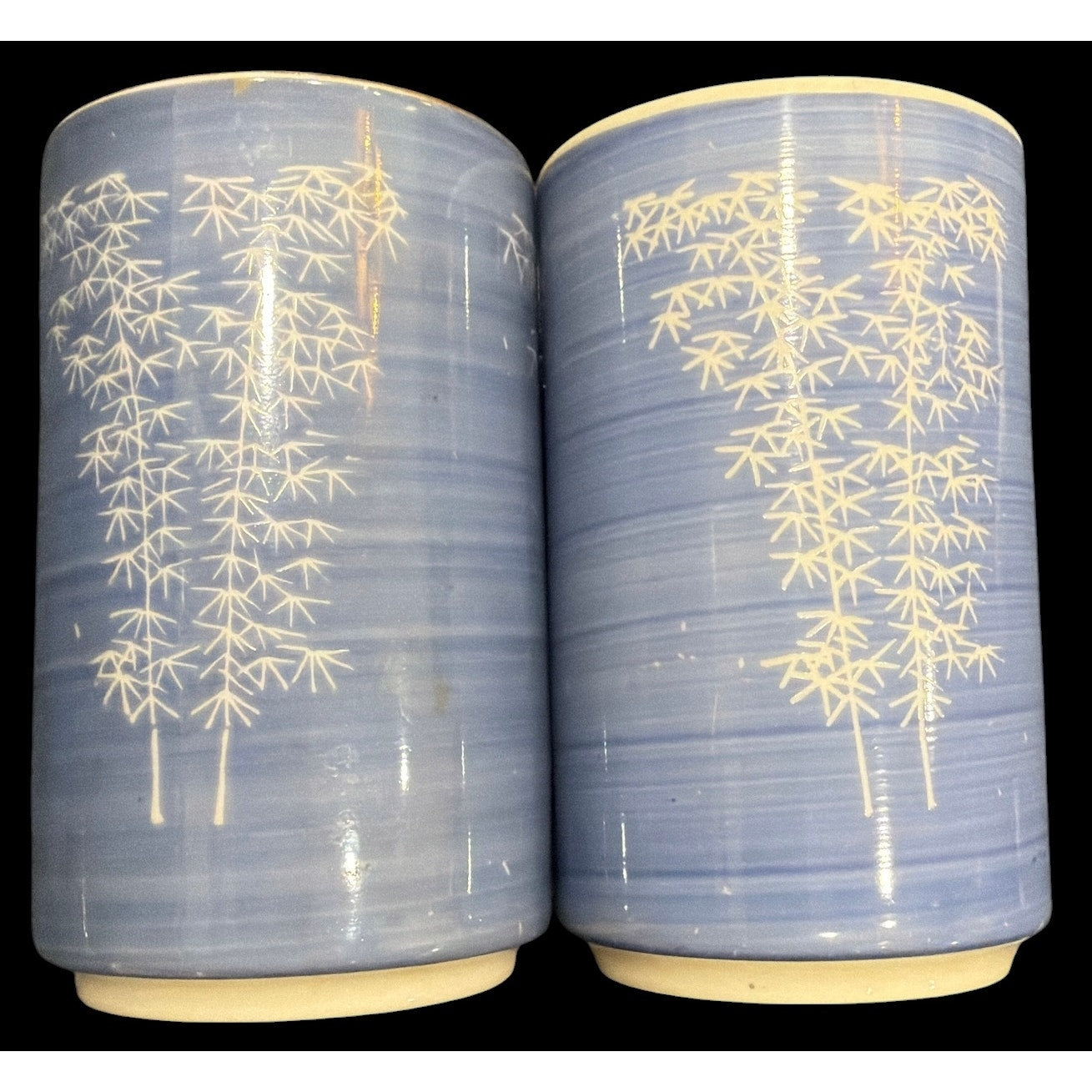Vintage Japanese Sake Cups Pair, Blue Bamboo Yunomi Tea Cups, Mid Century Japanese Pottery, Japandi Decor, Ceramic Drinkware